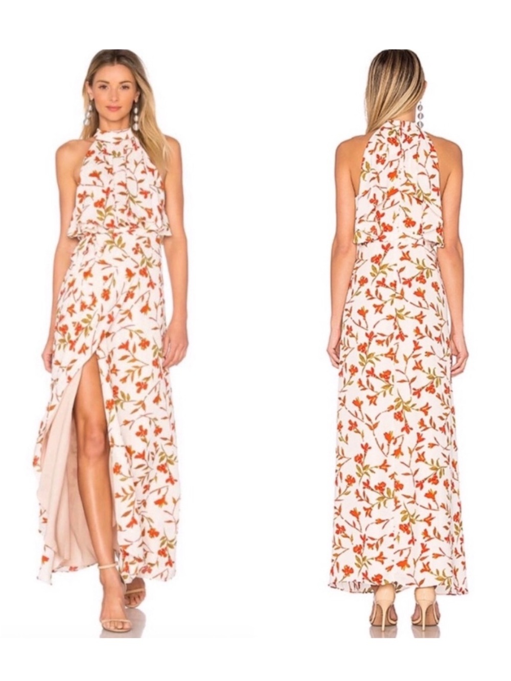 Lovers + Friends Golden Ray Maxi Slit Dress Palm Pink Halter Neck Tie Waist MED